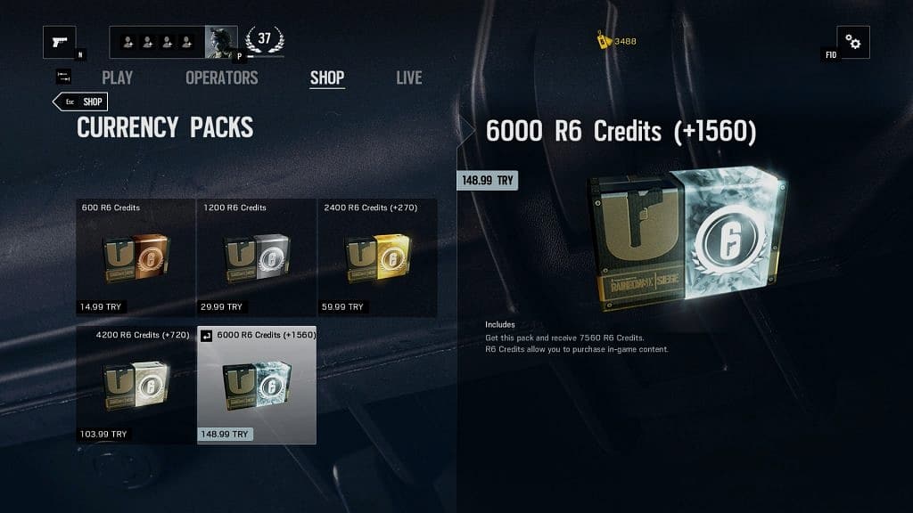 R6 Credits paketleri biraz tuzlu. (Üstte sarı renkli olan oyun içi kazandığımız Renown miktarı)