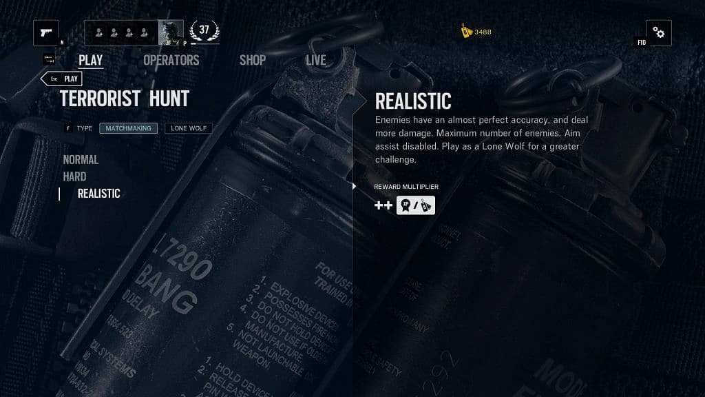 Terrorist Hunt'ın zorluk seçenekleri.